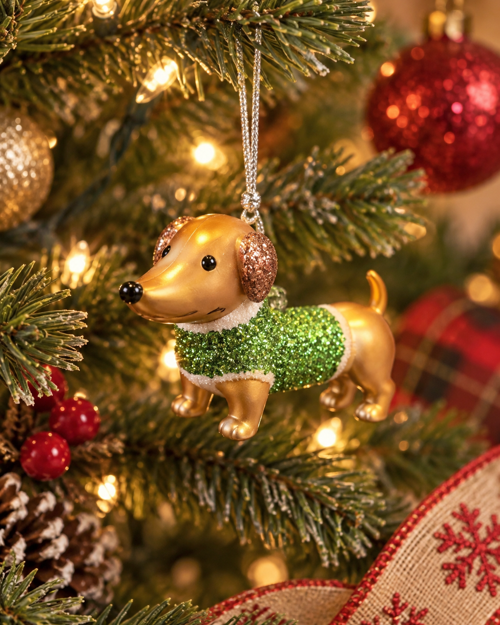 Mini Christmas Green sparkle Dachshund Ornament