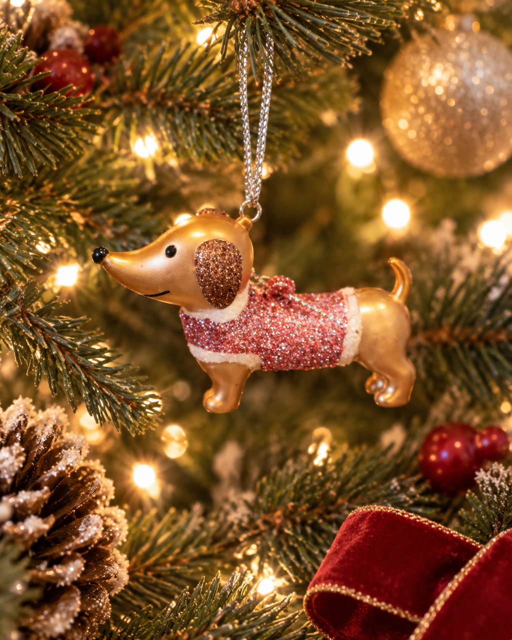 Mini Christmas  Pink Dachshund Ornament