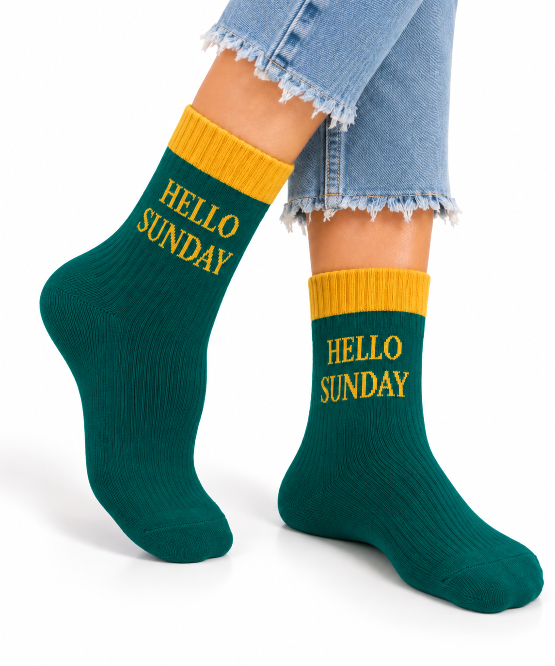 Hello Sunday Crew Socks | Green & Gold | Women's 6-10