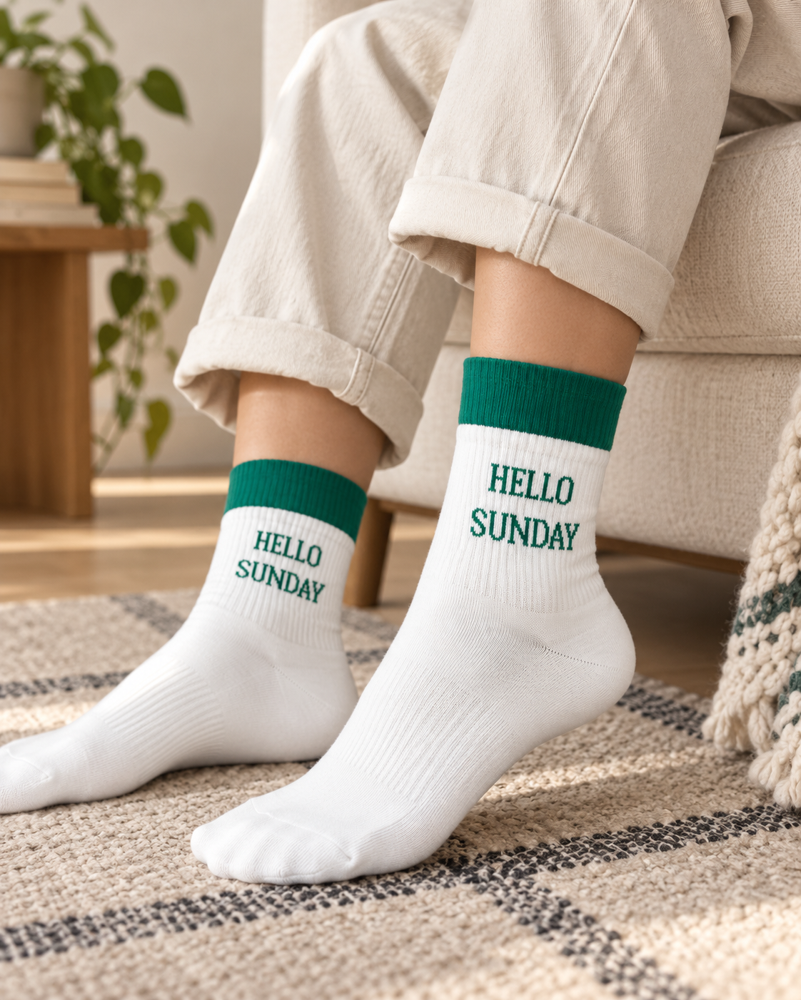 Hello Sunday Crew Socks | White & Green | Women's 6-10