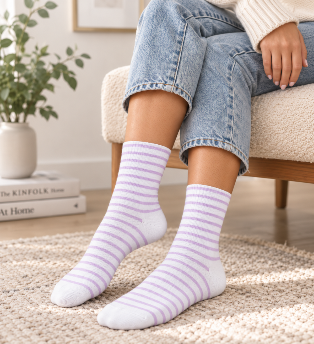 Coastal Stripe Crew Socks | Lavender & White | Women's 6-10