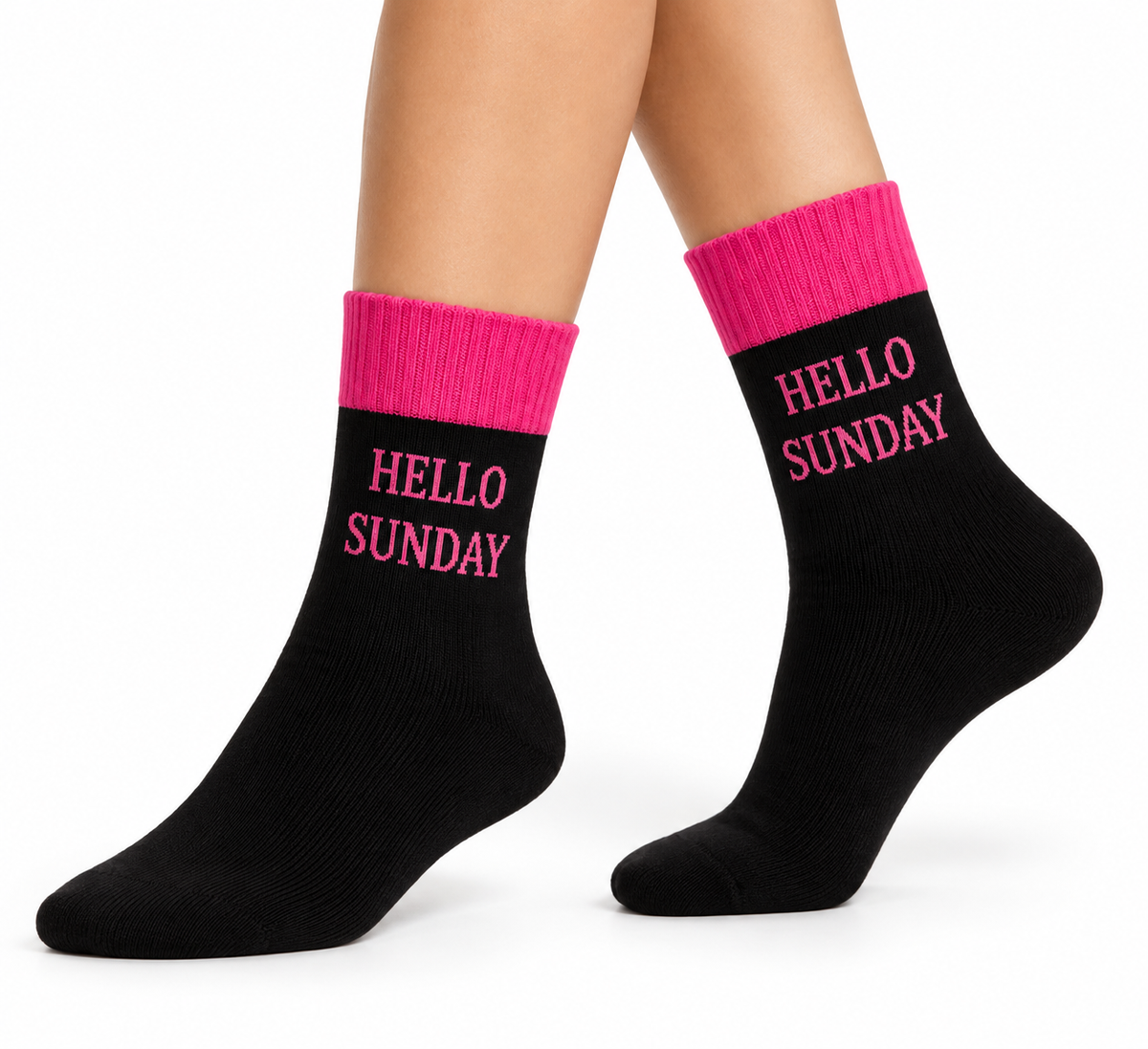 Hello Sunday Crew Socks | Black & Pink | Women's 6-10
