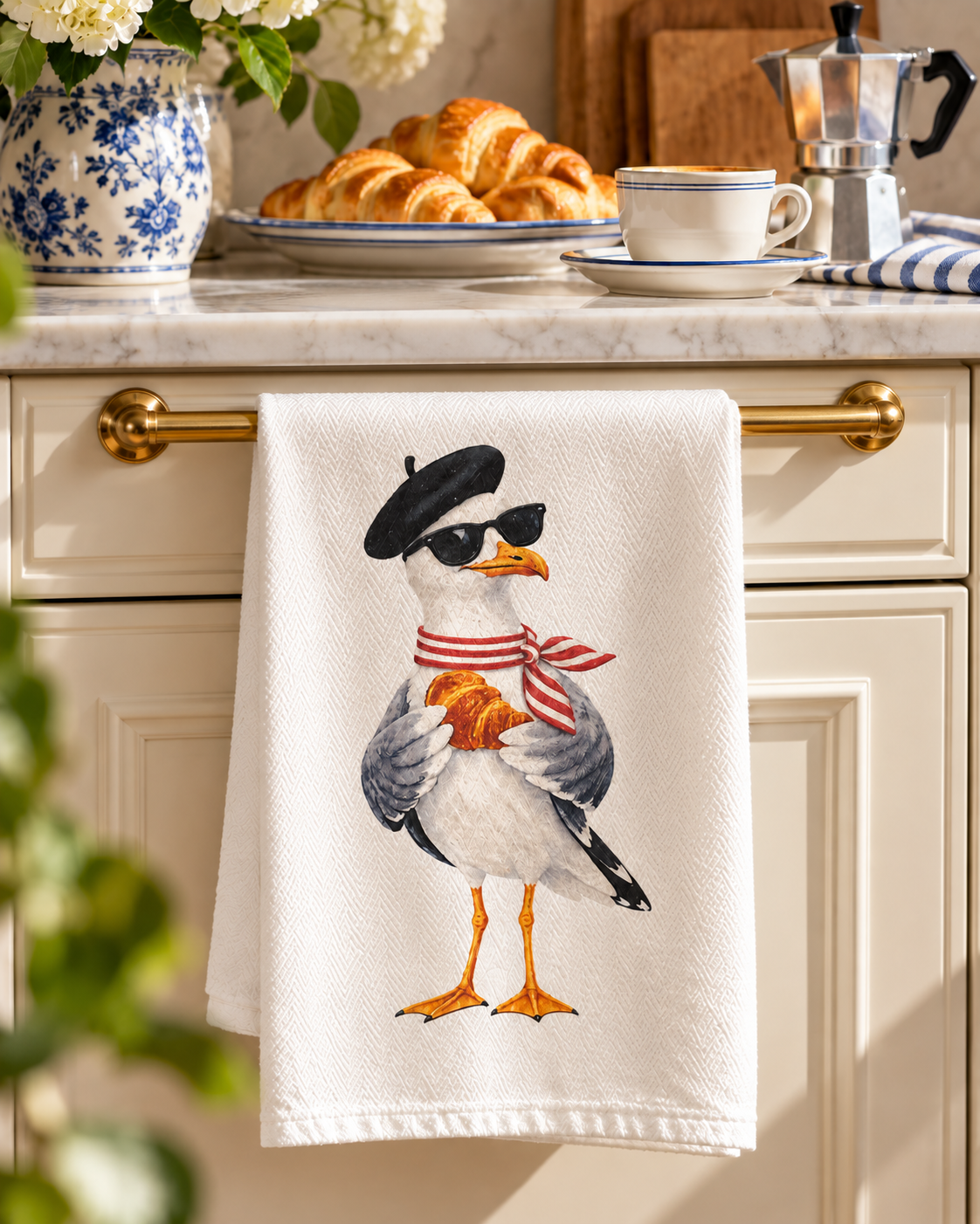 Sunday Café Croissant Seagull Cotton Tea Towel