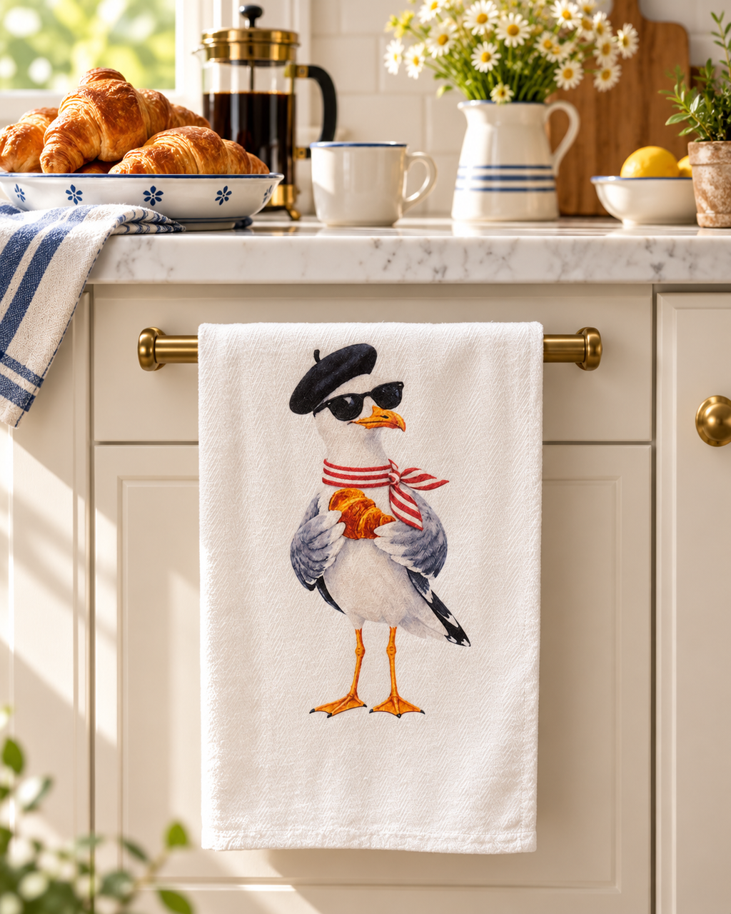 Sunday Café Croissant Seagull Cotton Tea Towel