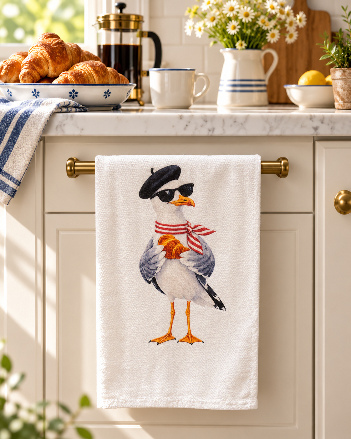 Sunday Café Croissant Seagull Cotton Tea Towel