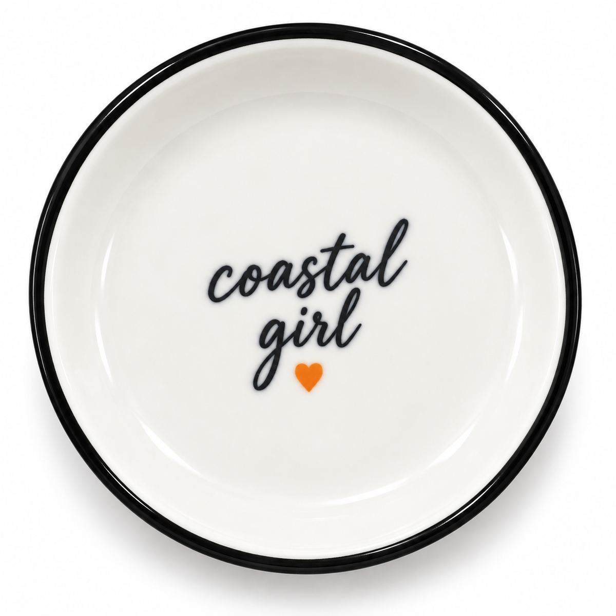 A sweet little 4 inch ceramic trinket tray inspired by West Coast days and made for life's small treasures. Finished with a black rim, handwritten coastal girl lettering , and a small coral heart. 

Perfect  for rings, earrings, keys or tiny keepsakes on  a bedside  table, bathroom counter or  desk.