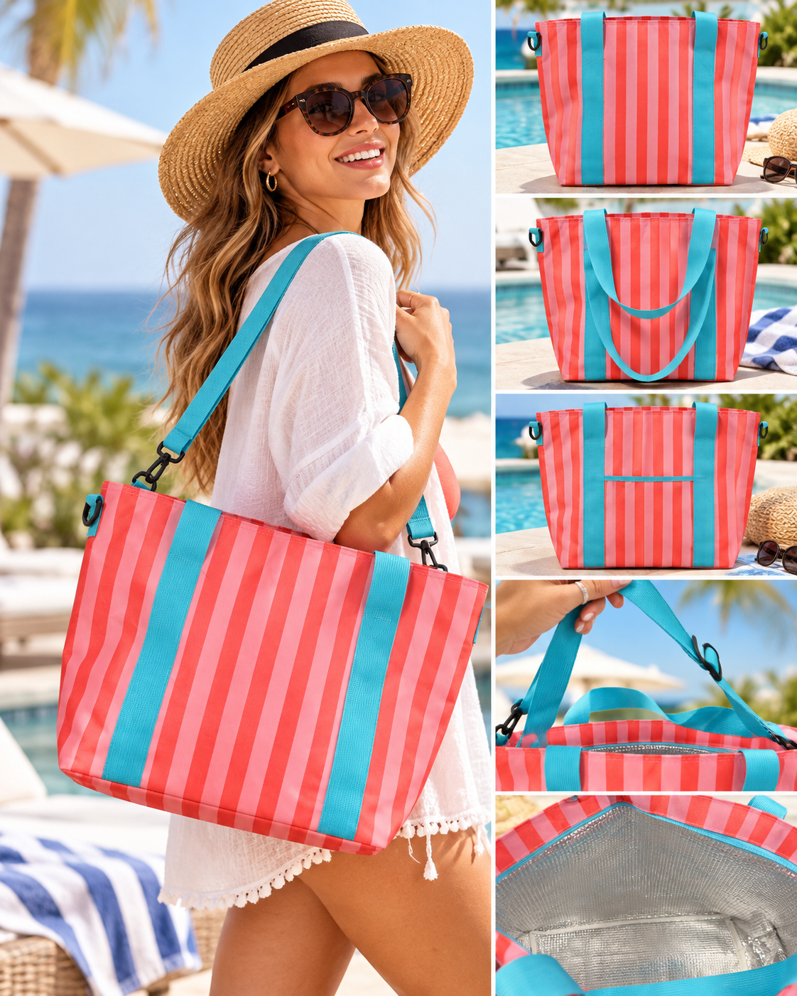 Pink & Coral Striped Insulated Tote Bag
