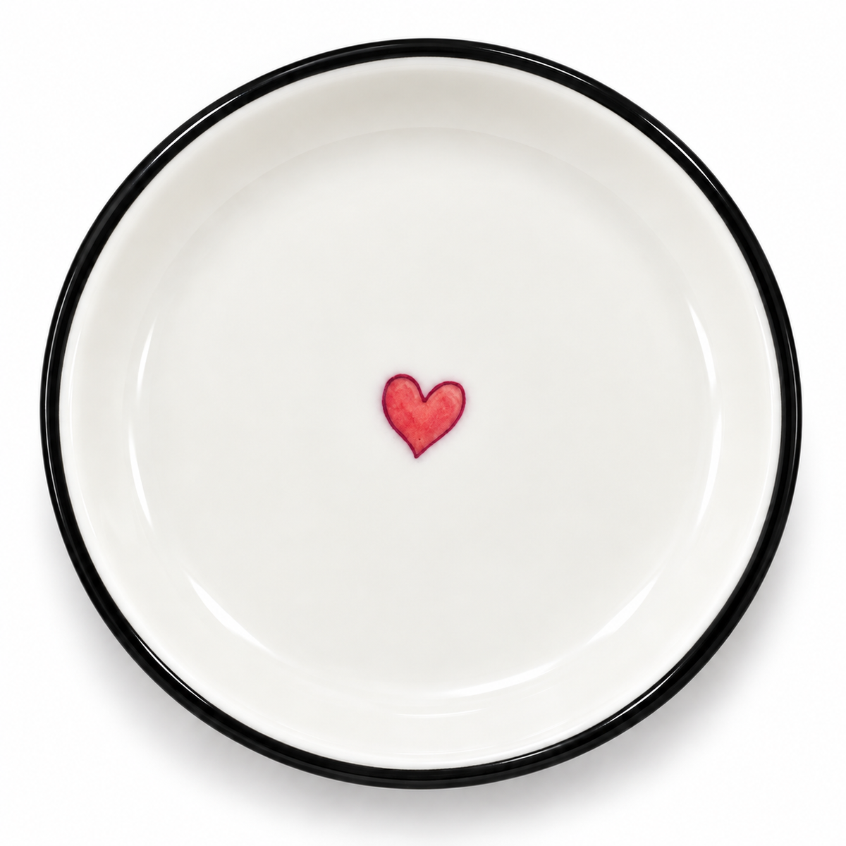 A simple  4 inch ceramic trinket tray with a little  red heart and black rim. A sweet spot for your rings, earrings, keys  or tiny keepsakes. 

A thoughtful giftor a pretty fishing touch for a bedside table , bathroom counter or desk. 
