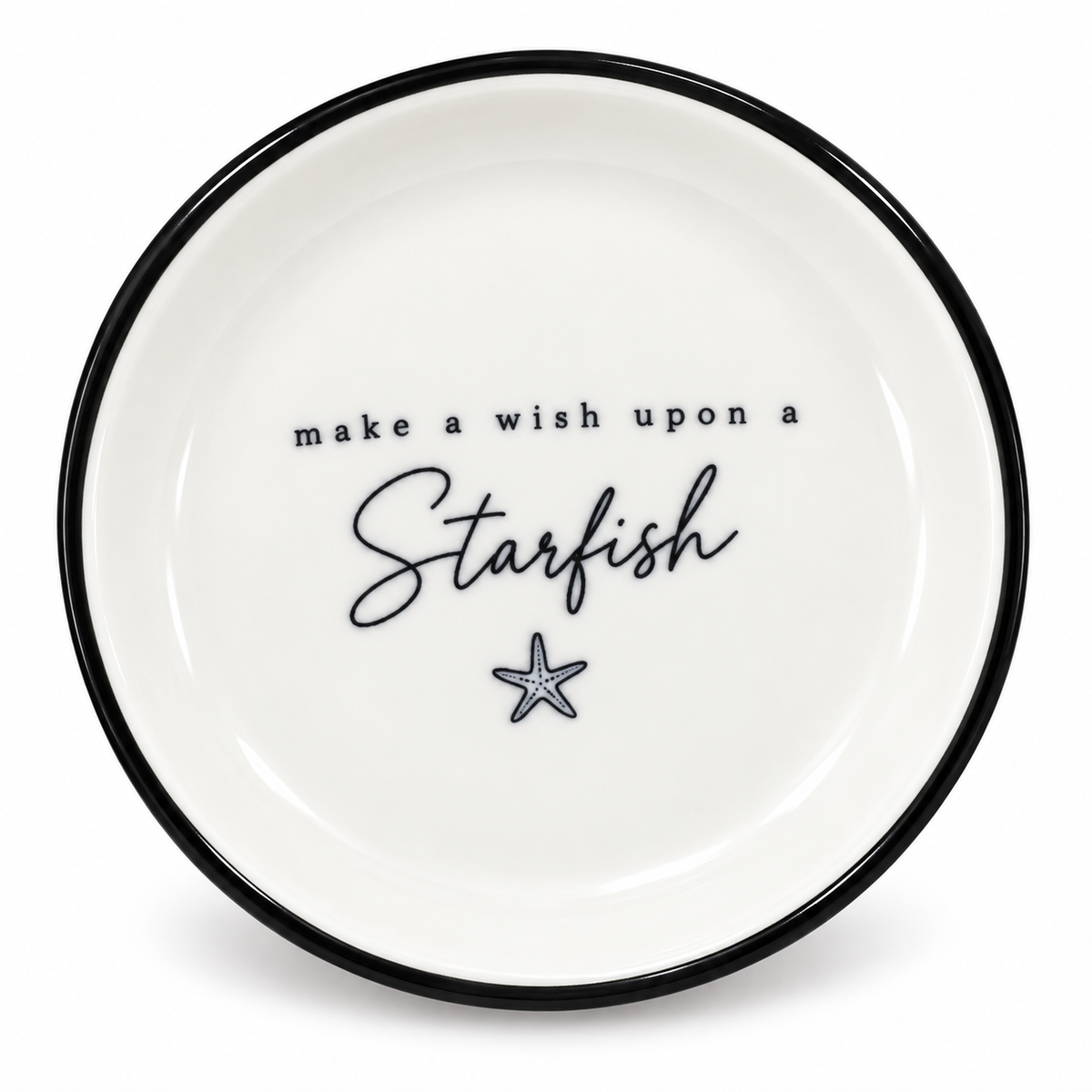 A  little 4 inch ceramic trinket tray inspired by sunny West Coast days salty wishes.  Finished with a black rim, make a wish upon  a Starfish lettering and a small starfish illustration. 

Perfect  for rings, earrings, keys or tiny keepsakes. 