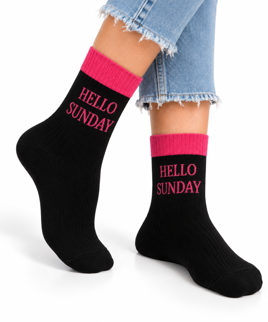 Hello Sunday Crew Socks | Black & Pink | Women's 6-10