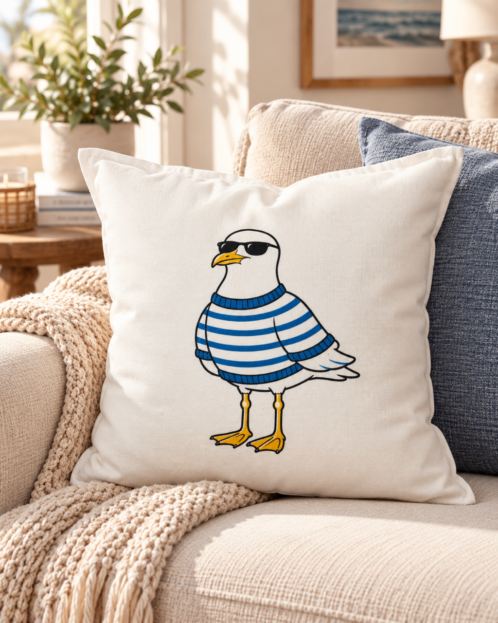 Blue Stripe Seagull Pillow Cover