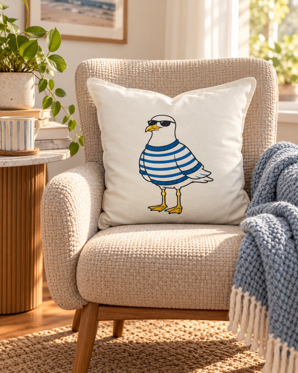 Blue Stripe Seagull Pillow Cover