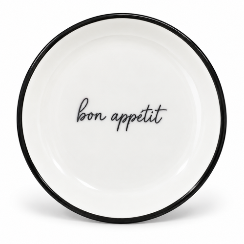 A little touch of Pairis for your everyday treasures . This 4 inch ceramic trinket tray features Bon Appetit  written script with a classic black rim. 

Perfect for rings, earrings a favorite necklace , or the little things you want to keep close. A sweet gift for a friend who loves Pairs , brunch and beautiful  details. 